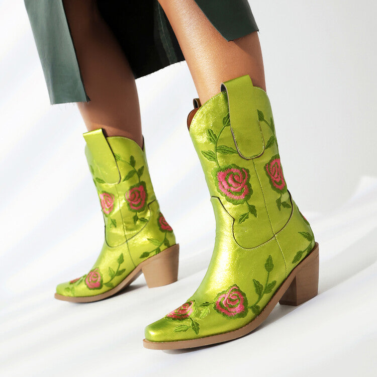 Women's Floral Embroider Square Toe Block Heel Mid Calf Western Boots