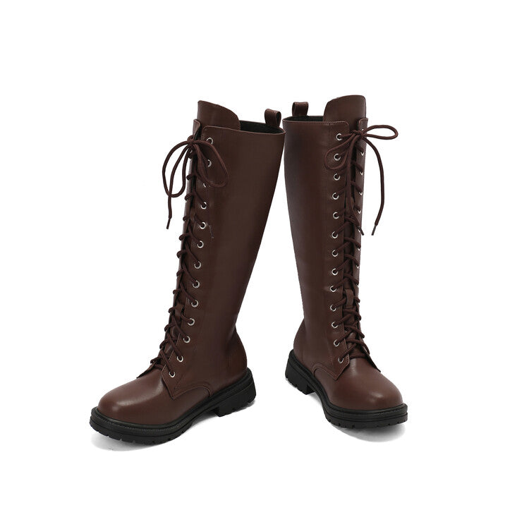 Women's Lace-Up Round Toe Flat Platform Knee High Boots