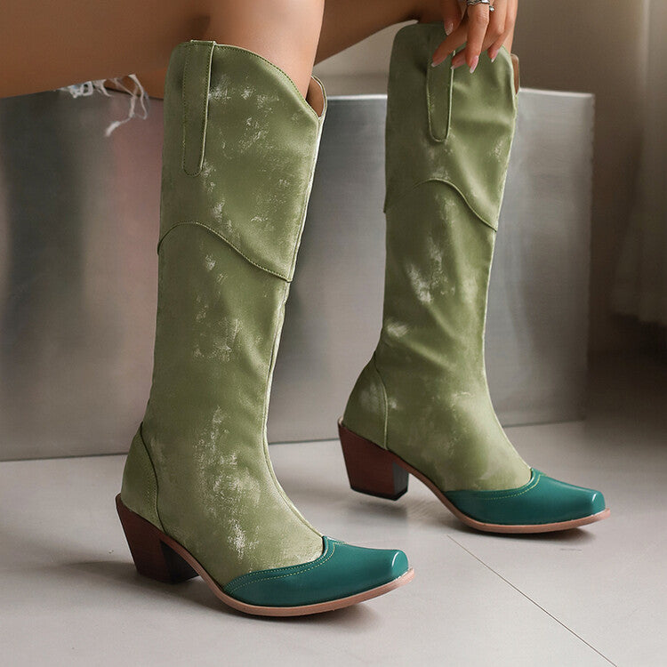 Women's Patchwork Pointed Toe Block Heel Knee High Western Boots