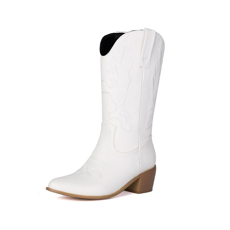 Women's Embroider Pointed Toe Low Heel Mid Calf Western Boots
