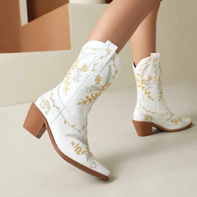 Women's Embroider Sequins Block Heel Mid Calf Western Boots