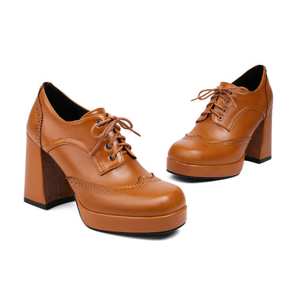 Women'S Square Toe Shoelace Platform Square Heel Brogue Shoes