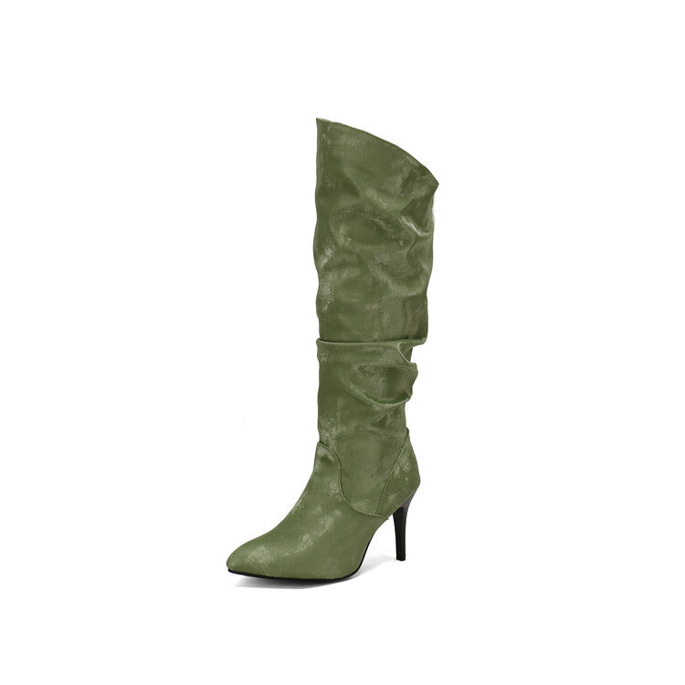 Women's Pleated Pointed Toe Thin Heel Knee High Boots