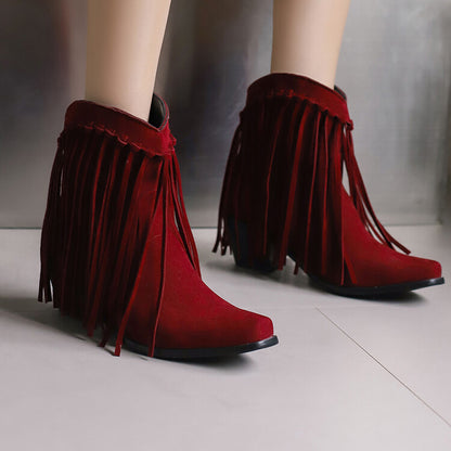 Women's Tassel Pointed Toe Block Heel Short Boots