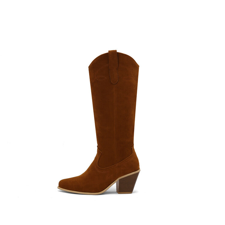 Women's Embroider Pointed Toe Block Heel Knee High Western Boots