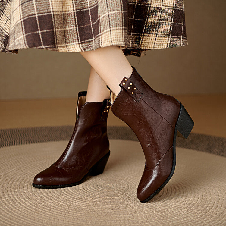 Women's Pointed Toe Square Heel Rivet Studded Ankle Boots