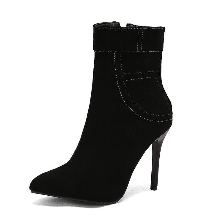 Women's Patchwork Pointed Toe Thin Heel Short Boots