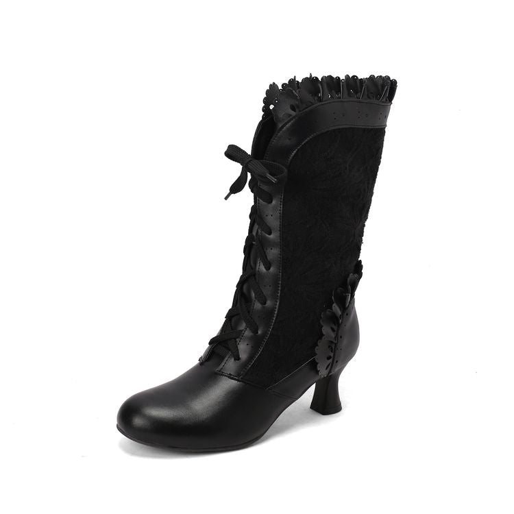 Women's Lace Lace-Up Round Toe Hoof Heel Mid Calf Boots