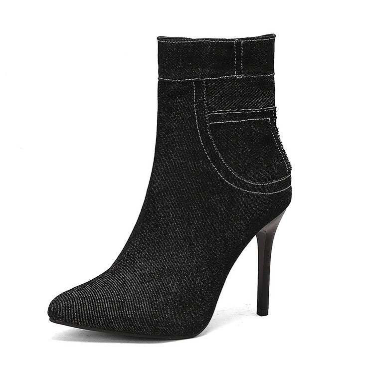 Women's Patchwork Pointed Toe Thin Heel Short Boots