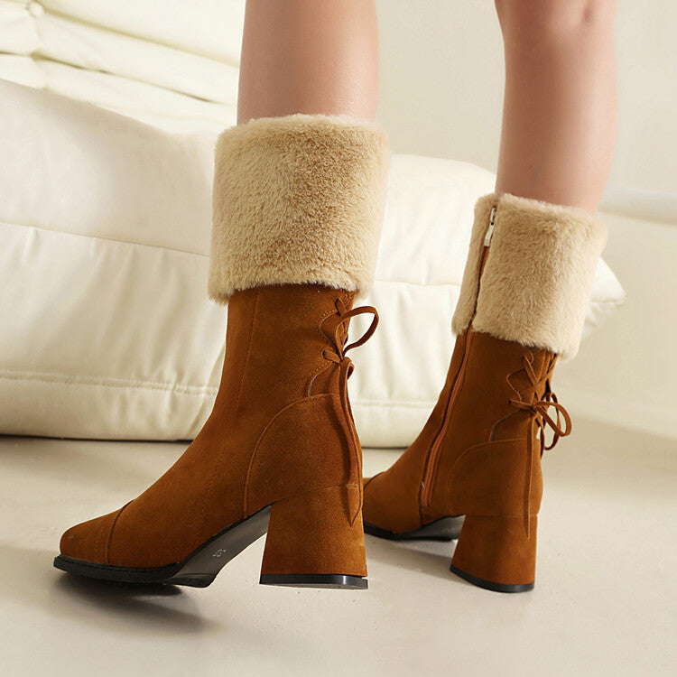 Women's Patchwork Square Toe Block Heel Plush Mid Calf Boots