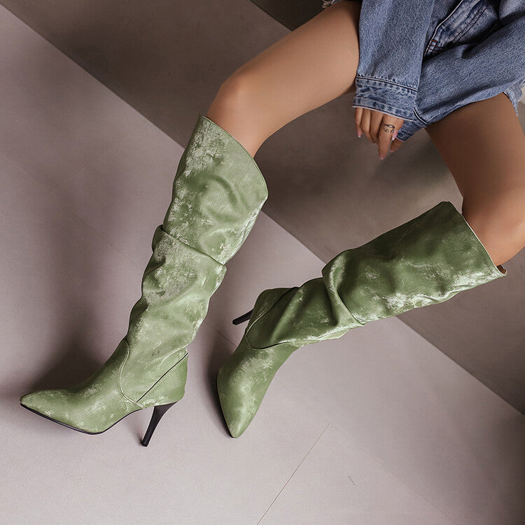 Women's Pleated Pointed Toe Thin Heel Knee High Boots
