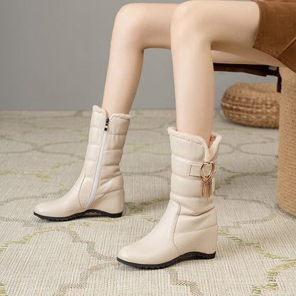 Women's Plush Tassel Wedge Heel Mid Calf Snow Boots