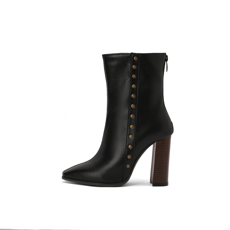 Women's Rivets Pointed Toe Block Heel Short Boots