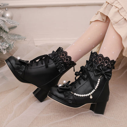 Women's Lace Bows Round Toe Block Heel Platform Ankle Boots