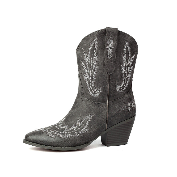 Women's Embroider Pointed Toe High Heel Mid Calf Western Boots