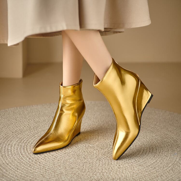 Women's Glossy Pointed Wedge Ankle Boots
