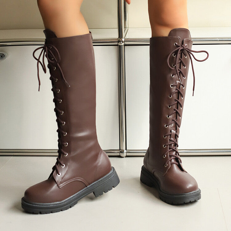 Women's Lace-Up Round Toe Flat Platform Knee High Boots