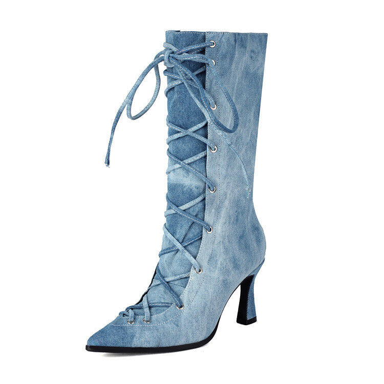 Women's Denim Cross Straps High Heel Mid Calf Boots
