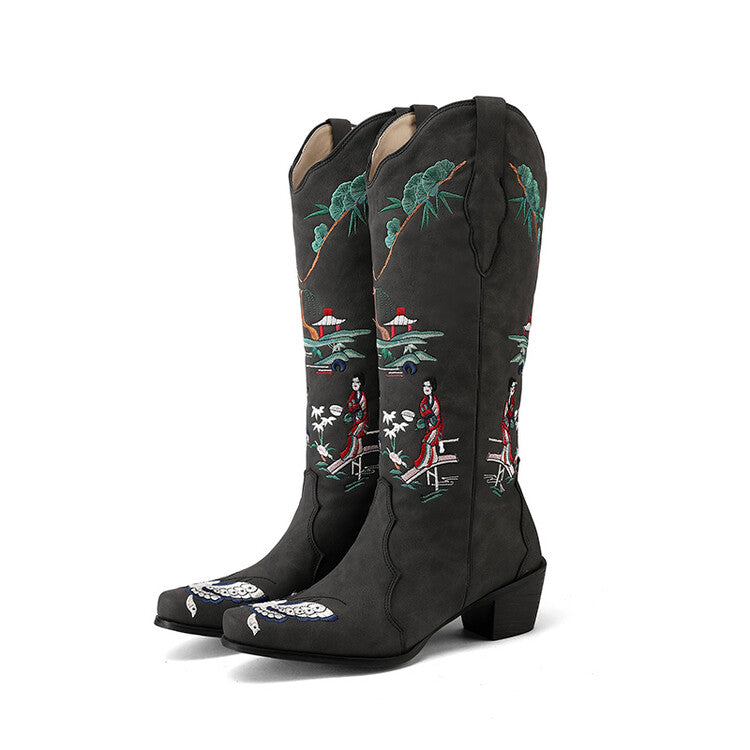 Women's Printed Embroider Block Heel Western Boots