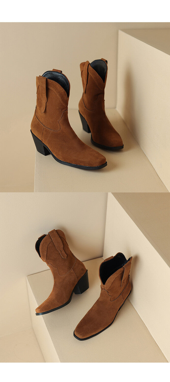 Women's Square Toe Block Heel Mid Calf Western Boots