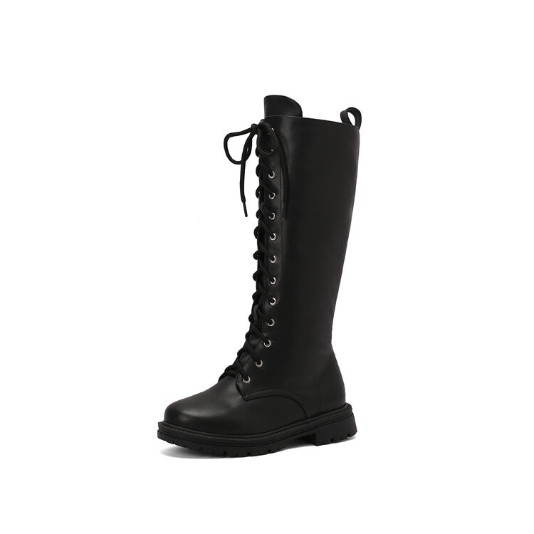Women's Lace-Up Round Toe Flat Platform Knee High Boots