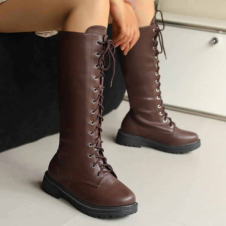 Women's Lace-Up Round Toe Flat Platform Knee High Boots