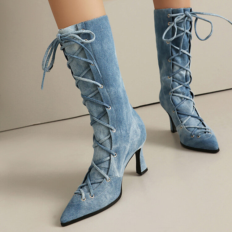 Women's Denim Cross Straps High Heel Mid Calf Boots