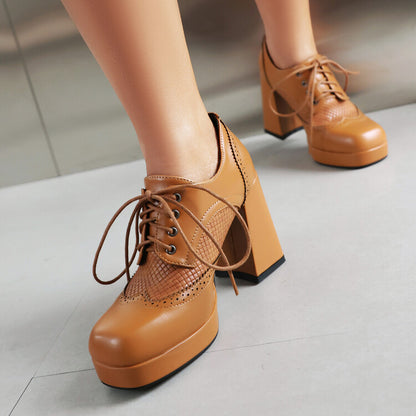 Women's Square Toe Shoelace Platform Square High Heels Shoes