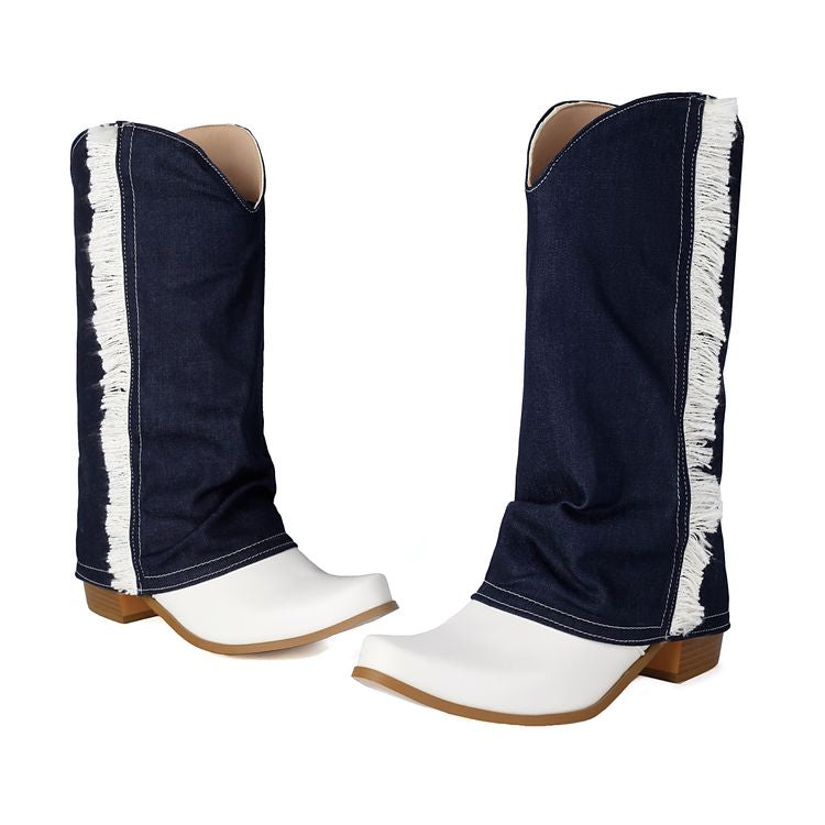 Women's  Patchwork Tassel Pointed Toe Square Heel  Western Boots