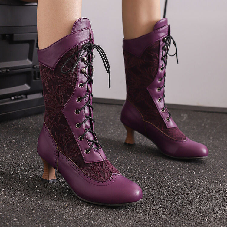 Women's Lace-Up Round Toe Hoof Heel Mid Calf Boots