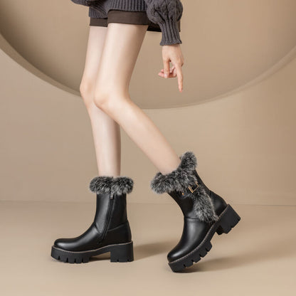 Women's Fleece Buckle Strap Flat Platform Mid Calf Boots