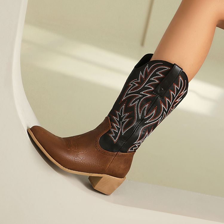 Women's Embroider Pointed Toe Low Heel Mid Calf Western Boots