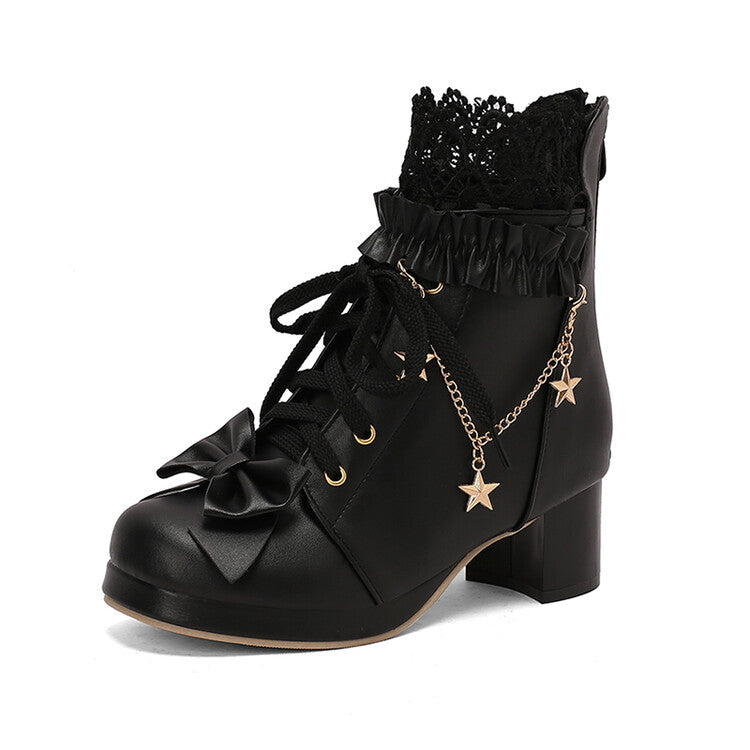 Women's Lace Bows Round Toe Square Heel Platform Ankle Boots