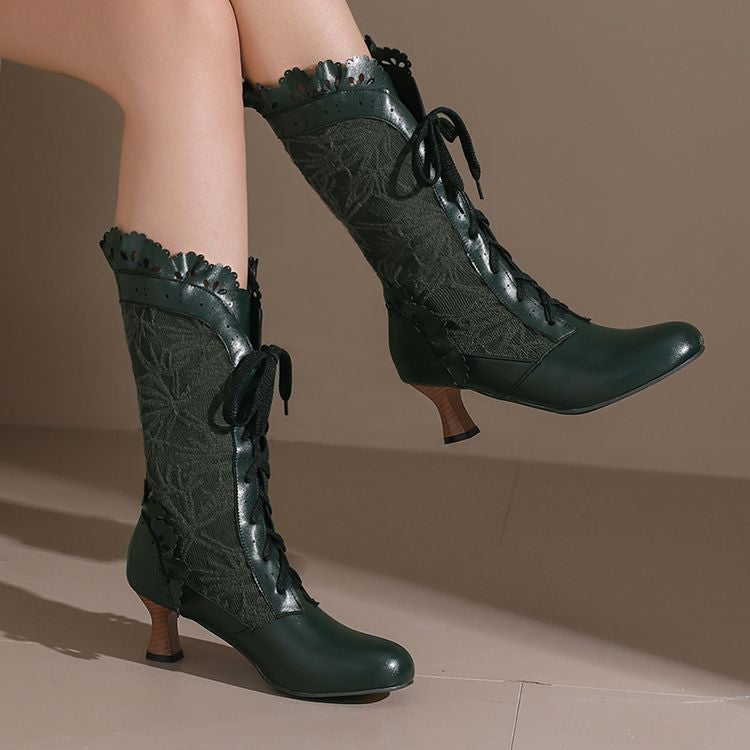 Women's Lace Lace-Up Round Toe Hoof Heel Mid Calf Boots