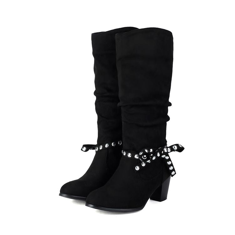 Women's Studded Round Toe High Heel Mid Calf Boots