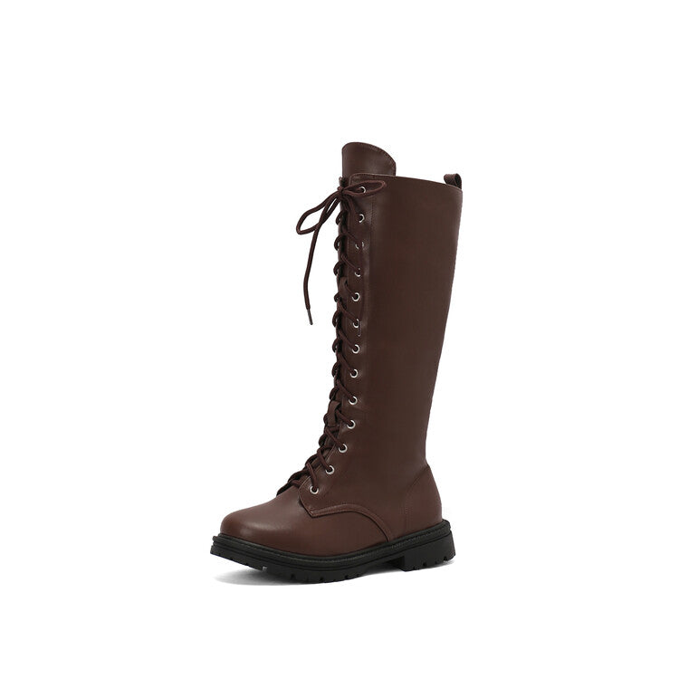 Women's Lace-Up Round Toe Flat Platform Knee High Boots