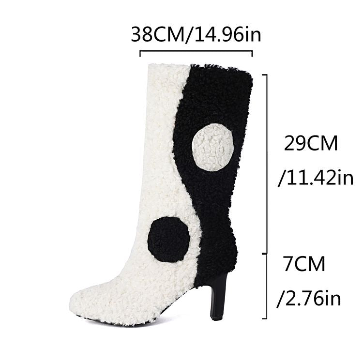 Women's Patchwork Round Toe High Heel Mid Calf Boots