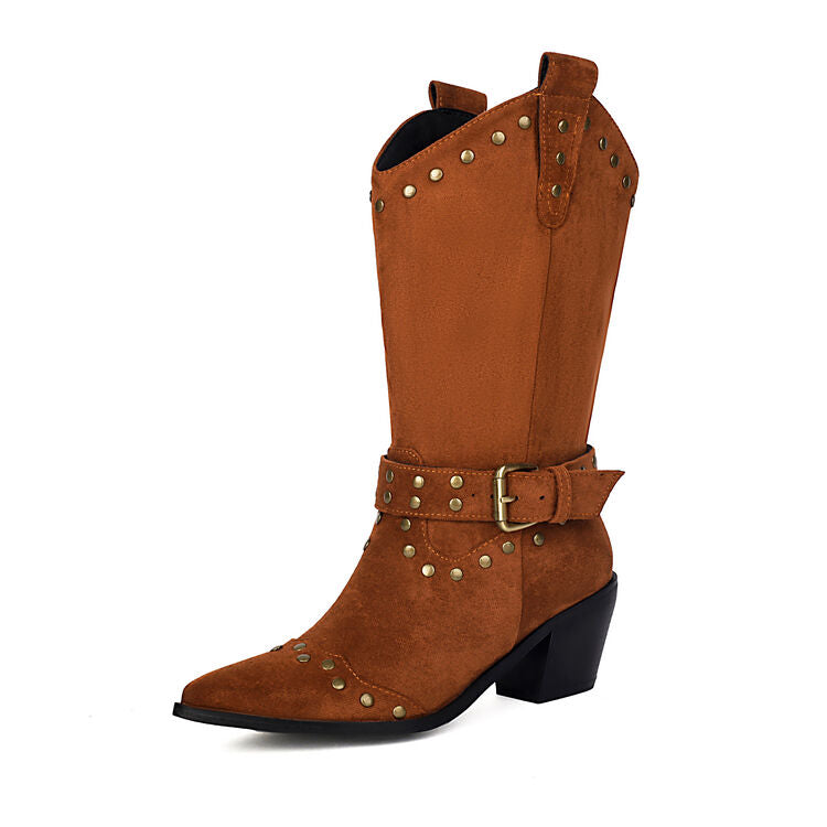 Women's Rivets Pointed Toe Square Heel Mid Calf Western Boots