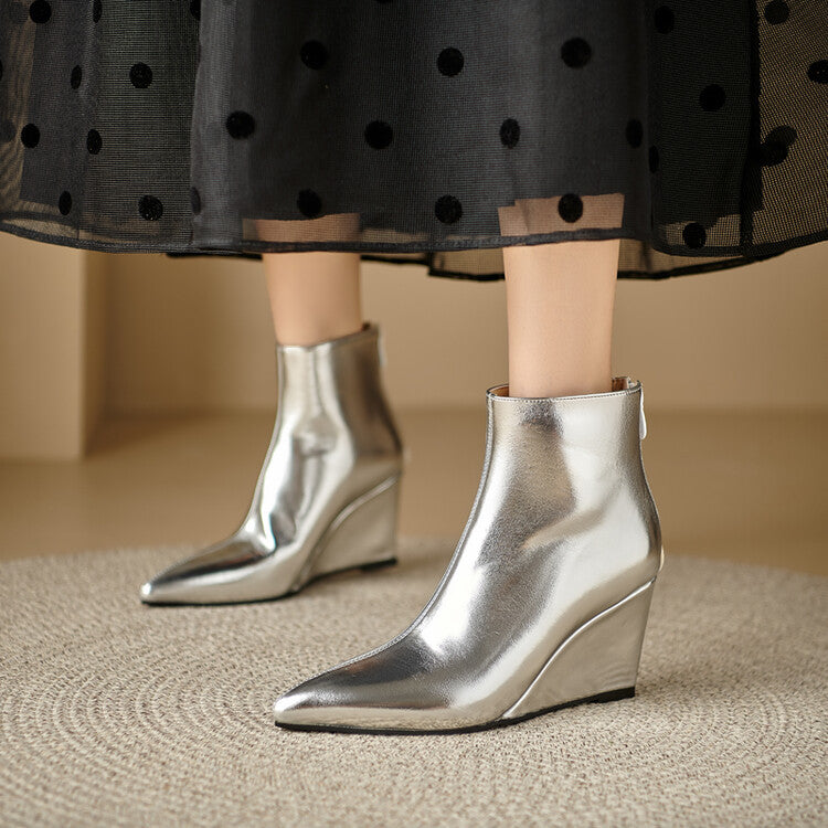Women's Glossy Pointed Wedge Ankle Boots