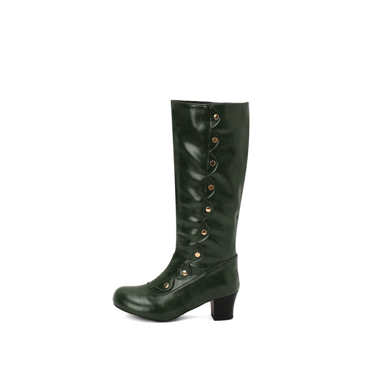 Women's Ruffles Rivets Round Toe Block Heel Knee High Boots