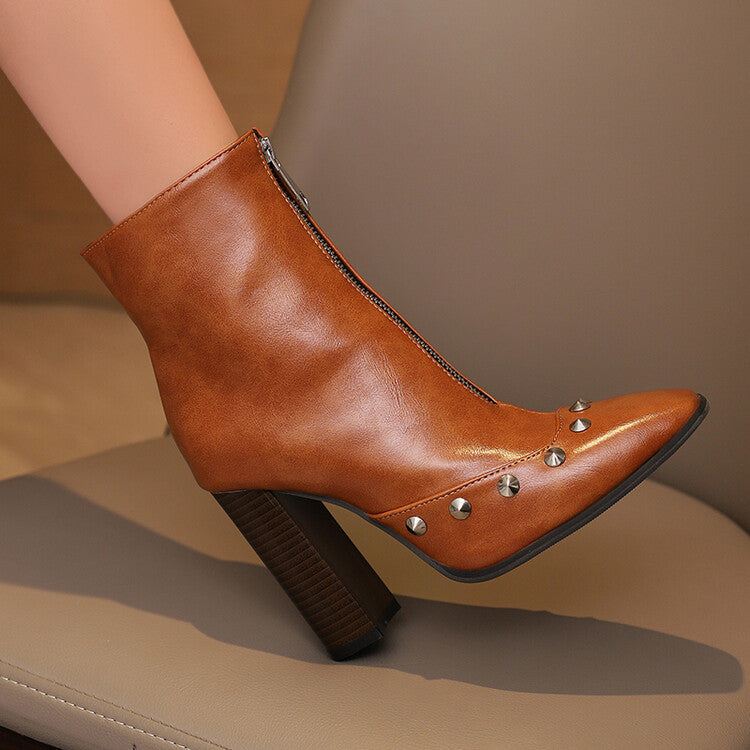 Women's Snake Pattern Rivets Pointed Toe Block Heel Short Boots