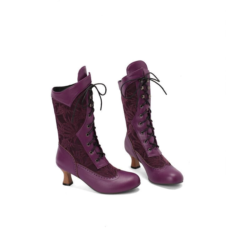 Women's Lace-Up Round Toe Hoof Heel Mid Calf Boots