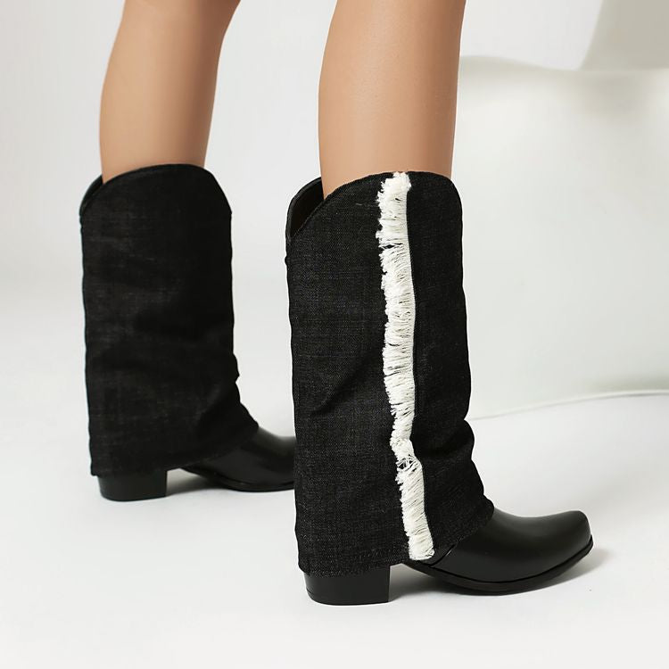 Women's  Patchwork Tassel Pointed Toe Square Heel  Western Boots