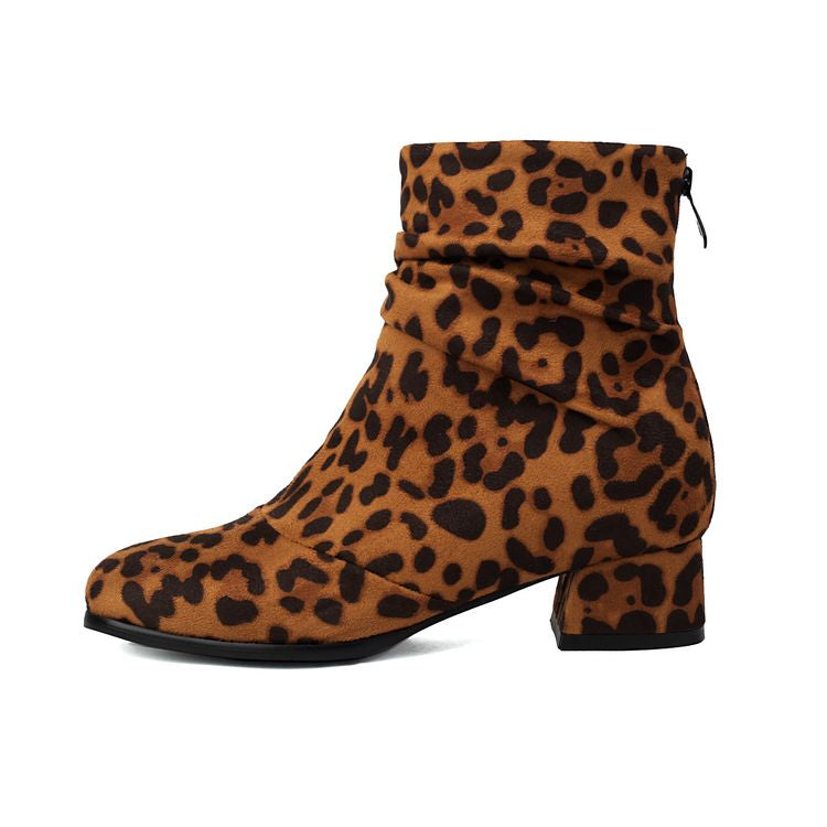 Women'S Leopard Print Round Toe Block Heel Ankle Boots