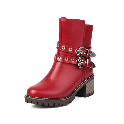 Women's Metal Decor Round Toe Square Heel Platform Short Boots