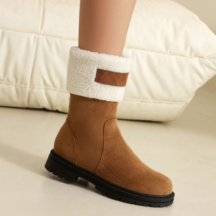 Women's Patchwork Plush Flat Mid Calf Snow Boots