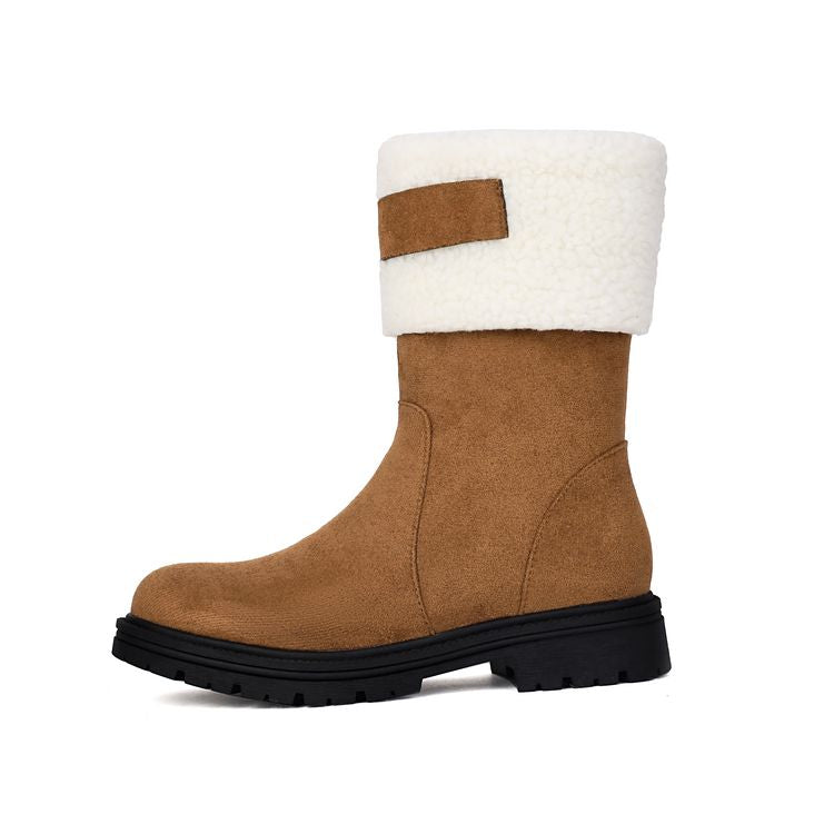 Women's Patchwork Plush Flat Mid Calf Snow Boots