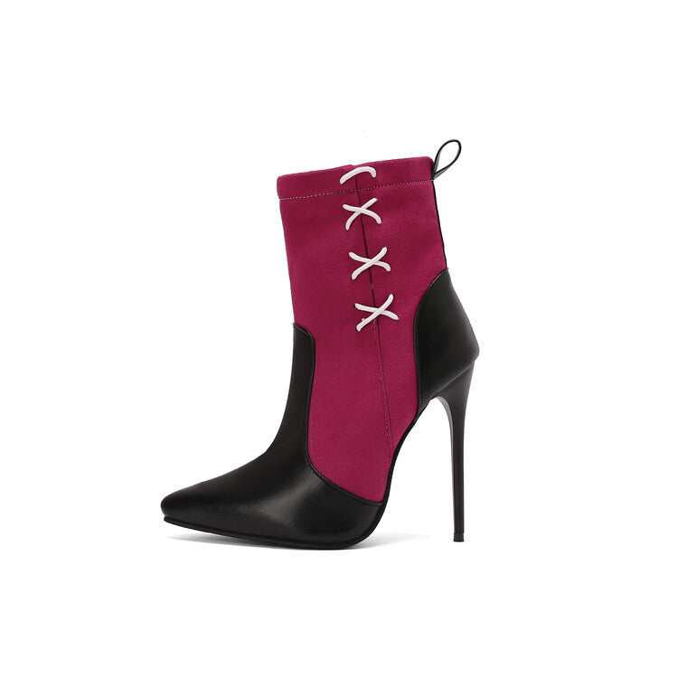 Women's Patchwork Pointed Toe Thin Heel Short Boots