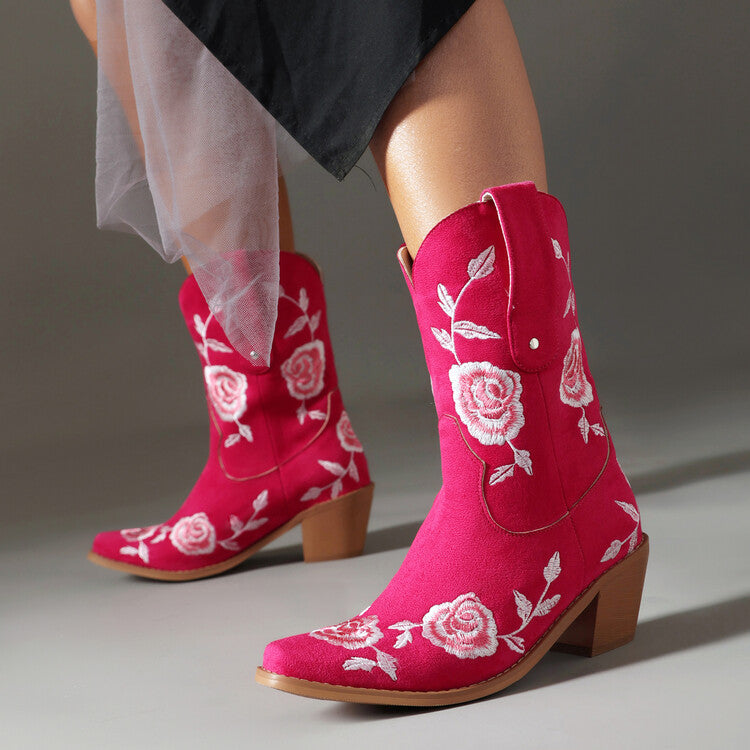 Women's Floral Embroider Block Heel Mid Calf Western Boots
