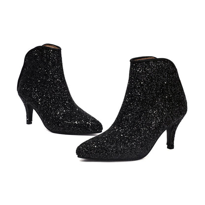 Women's Glossy Sequins Pointed Toe Spike Heel Ankle Boots